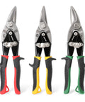 3 Piece Aviation Tin Snips Set, 10 Inch Sheet Metal Cutters with ergonomic TyGrip handles, showing straight, left, and right cutting tools.