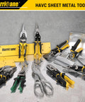 Assorted metal cutting tools with 10 Inch Aviation Tin Snips with Chrome Vanadium Steel Blades for precise sheet metal cuts displayed.
