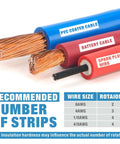 PVC coated cable, battery cable, and spark plug wire with stripping recommendations. Cable Stripper for AWG 12 to 4/0 Round Cables With Radial Cutting Design Ideal for Battery and Welding Cables Includes Two Extra Blades for Easy Replacement and Precise Insulation Removal.