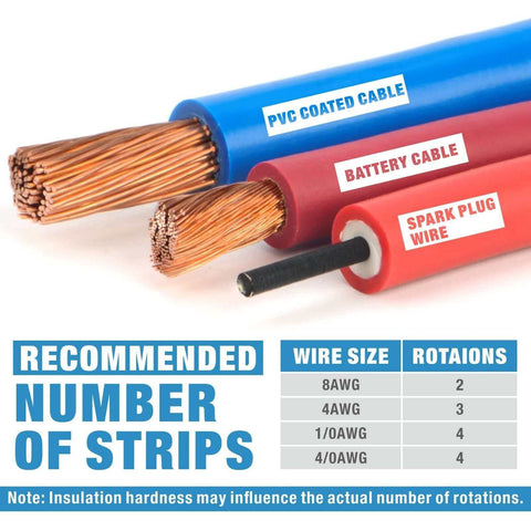 PVC coated cable, battery cable, and spark plug wire with stripping recommendations. Cable Stripper for AWG 12 to 4/0 Round Cables With Radial Cutting Design Ideal for Battery and Welding Cables Includes Two Extra Blades for Easy Replacement and Precise Insulation Removal.