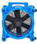 Front view of AM20DF By MOUNTO Powerhouse 0.2 HP 1800 CFM Axial Air Mover Blower Fan in blue with 115V motor.