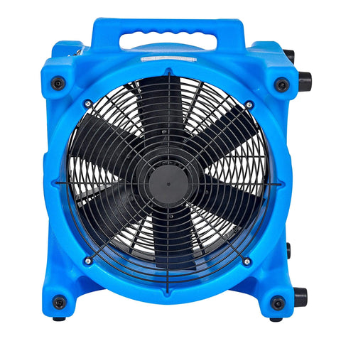Front view of AM20DF By MOUNTO Powerhouse 0.2 HP 1800 CFM Axial Air Mover Blower Fan in blue with 115V motor.