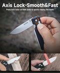 Axis Lock Folding Pocket Knife With 11 In 1 Multitool 2.76 Inch 14C28N Steel Blade G10 Handle EDC Knife in hand showcasing lock