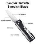 Axis Lock Folding Pocket Knife With 11 In 1 Multitool 2.76 Inch 14C28N Steel Blade G10 Handle, showing labeled features like G10 handle and deep pocket clip.