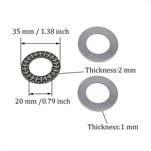 Heavy Duty Workhorse Thrust Needle Roller Bearing Set With Washers AXK2035, 20mm Bore, 35mm Outer Diameter, 2mm Width, steel cage.