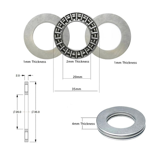 Professional Grade Thrust Needle Roller Bearing Set for lawn tractors, 8 bearings, washers, 20x35x2 mm, model AXK2035, with dimensions diagram