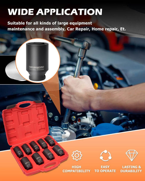 Mechanic using a 9 Pcs Axle Nut Hub Impact 1/2" Drive Socket Set with open red case showing 29-38mm sockets for automotive repair
