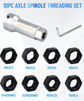Ten Piece Axle Spindle Threading Set With Eight Dies And Rethread Kit, Includes One And One Sixteenth Inch Extension Bar