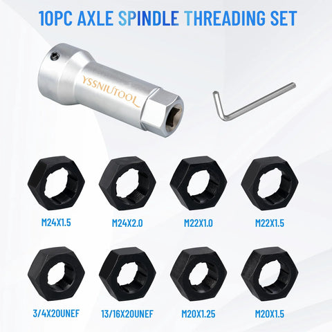 Ten Piece Axle Spindle Threading Set With Eight Dies And Rethread Kit, Includes One And One Sixteenth Inch Extension Bar