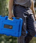 Man carrying case for Ten Piece Axle Spindle Threading Set With Eight Dies And Rethread Kit, includes One and One Sixteenth Inch Extension Bar.