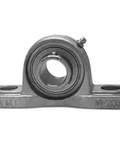 Front view of MUCP205-14RF 7/8 in (22.23 mm) set-screw pillow block bearing with corrosion-resistant stainless housing.