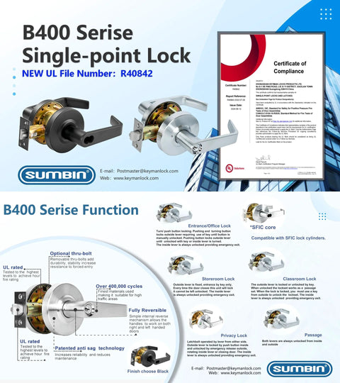 Heavy Duty Storeroom Door Lever Lockset For Commercial Use ANSI Grade 2 BHMA Grade 2 ADA Compliant UL 3 Hour Fire Rated Satin Chrome Finish Two Pack Suitable For High Traffic Areas And Commercial Building Doors product features and certificate
