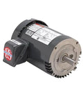 Beefy Three Phase Motor 1 HP 56C Frame TEFC Totally Enclosed Fan Cooled With 3523 Nameplate RPM 190 Volt 208 230 460 Volt 380 Volt Sixty Hz Fifty Hz Rigid Base Mount Class F Insulation Service Factor One, front view showing shaft and nameplate details.