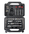 110 Piece Drive Mechanic Socket Set With SAE And Metric Sockets, Chrome Vanadium Build, Pro Grade Tools for auto repair kit display