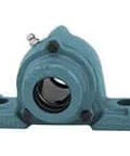 Front view of a two 12mm bore pillow block bearing with open cast iron covers, featuring ball bearing inserts and set screws.