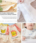Collage of baby clothing featuring animal prints and five-claw button details, including rompers and a white bib with decorative patterns.