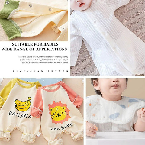 Collage of baby clothing featuring animal prints and five-claw button details, including rompers and a white bib with decorative patterns.