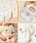 Assorted baby clothing items including a bib with lion design, long-sleeve pajamas, hooded romper with animal print, and a shirt with a bear face.