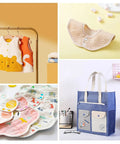 Image collage of clothing items and accessories including bibs, vests, and a tote bag for sewing and crafting projects.
