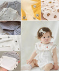 Collage showing baby clothing with snap fasteners, including shirts and bibs, demonstrating All In One Snap Fasteners Kit With Pliers 200 Sets 9.5mm No Sewing Needed DIY Press Studs For Fabric And Clothing Chrome Finish Rust Proof Easy To Use KAXIMON in use