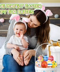 A mother and baby with bunny ears next to Easter eggs and a gift, showcasing Sensory Balls for Baby Sensory Baby Toys 6 to 12 Months.