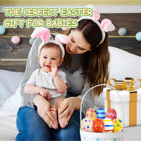A mother and baby with bunny ears next to Easter eggs and a gift, showcasing Sensory Balls for Baby Sensory Baby Toys 6 to 12 Months.