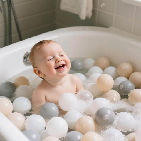 Toddler playing in bathtub with Ball Pit Balls for Toddlers Kids Plastic Balls for Ball-Pit Playpen Pool Baby Play Pastel BPA-Free Non Toxic Play