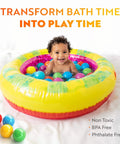 Baby in inflatable pool with Soft Plastic Mini Ball Pit Balls 50 Count - w/ 8 Vibrant Colors - Crush Proof, No Sharp Edges, Non Toxic