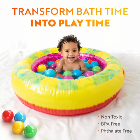 Baby in inflatable pool with Soft Plastic Mini Ball Pit Balls 50 Count - w/ 8 Vibrant Colors - Crush Proof, No Sharp Edges, Non Toxic