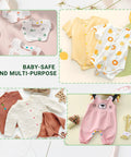 Assorted baby clothing including onesies and rompers in various colors and patterns, with coordinated accessories.