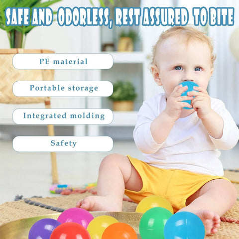 Baby playing with BPA Free 100 Pack Colorful Plastic Balls for Baby Play & Ball Pit, Tent, Pool, House; colorful balls scattered around