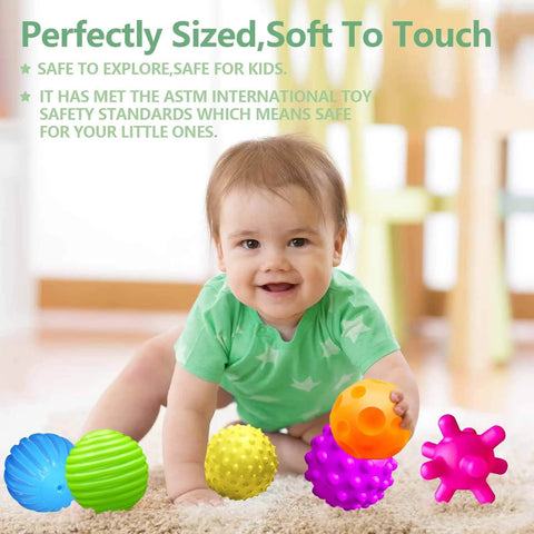 Baby playing with Sensory Balls for Baby Sensory Baby Toys 6 to 12 Months, bright colored textured soft ball set in living room