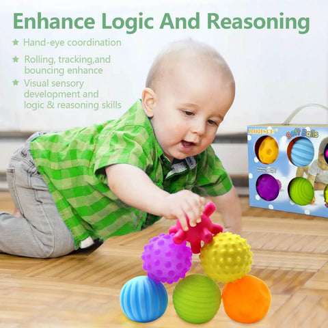 Baby playing with Sensory Balls for Baby Sensory Baby Toys 6 to 12 Months for Toddlers 1-3, Bright Color Textured Multi Soft Ball Gift Sets.