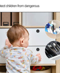Toddler standing near cabinet with Bluetooth fingerprint drawer lock with three latch sizes fits drawers up to 17mm thick