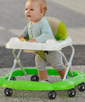 Baby in a green walker outdoors with 4 Pcs Baby Walker Replacement Wheels Set Quiet Wear Resistant Plastic Casters For Baby Walkers And Strollers Easy To Install Universal Compatibility With Most Models Ideal For Indoor And Outdoor Use Noise Free Operation And Durable Construction
