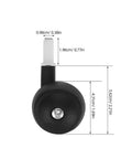 Replacement Baby Walker Wheels Set 4 Plastic Stroller Wheel Casters For Baby Trolley And Furniture Front And Back Fits 0.38 Inch Hole Diameter Tool Free Installation For Quiet Indoor And Outdoor Use, showing one black wheel with dimensions