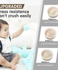 Child playing with Ball Pit Balls 100 PCS in pastel colors with stress resistance feature shown alongside size options and coverage guidance.