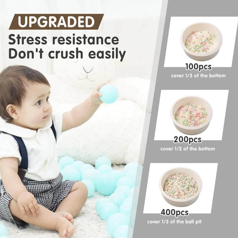 Child playing with Ball Pit Balls 100 PCS in pastel colors with stress resistance feature shown alongside size options and coverage guidance.