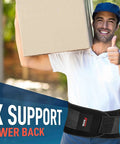 Delivery man wearing back brace support belt for lower back pain and sciatica relief, lifting heavy box, lumbar support visible.