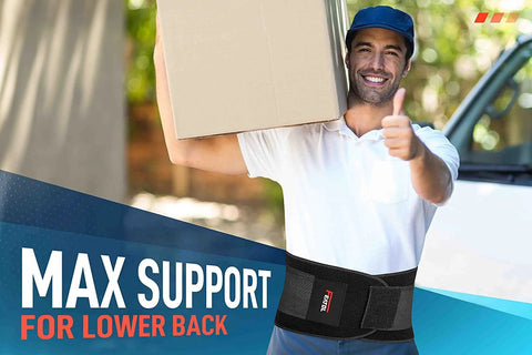 Delivery man wearing back brace support belt for lower back pain and sciatica relief, lifting heavy box, lumbar support visible.