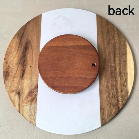 Back view of 13 Inch Marble And Acacia Wood Lazy Susan Rotating Serving Tray showing wooden frame with natural marble top.
