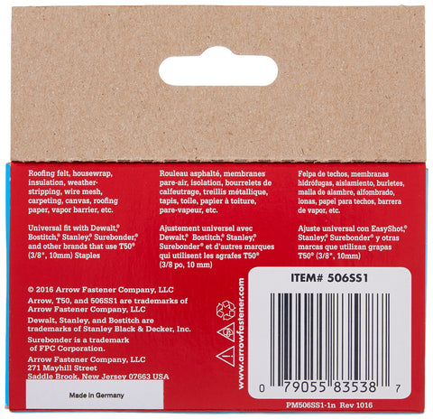 Back view of a 1000-pack, 3/8 inch Heavy Duty Stainless Steel Staples For Upholstery And Construction packaging, Item #506SS1.