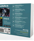 Back view of Micro X System 3.0 Plus Bluetooth Enabled Chain Lubrication System with app instructions and QR code.