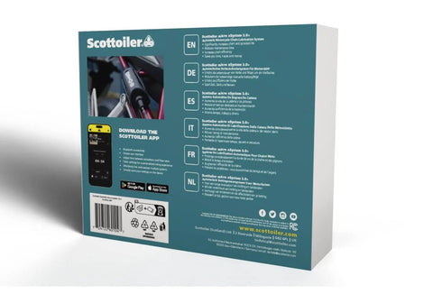 Back view of Micro X System 3.0 Plus Bluetooth Enabled Chain Lubrication System with app instructions and QR code.