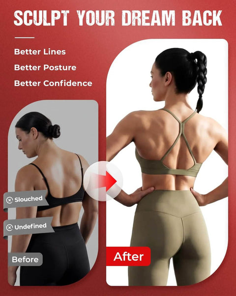 Comparison of woman's back posture before and after using 3 In 1 Pulley Station For Home Gym With Lat Pulldown Overhead Movements.