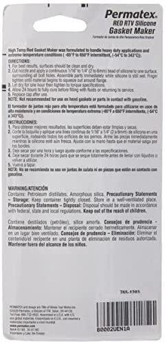 Back view of High-Temp Red RTV Silicone Gasket Maker, 3 Oz package showing instructions and safety information.