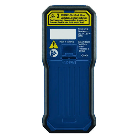 Back view of a compact Blaze laser distance meter with battery compartment visible, delivering 100 ft range, 1/16 in accuracy