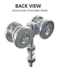 Back view of Two Pack Track Roller Wheels Set For Beam Trolley System With Box Rail Strut Channel For Heavy Barn Or Shed Sliding Doors