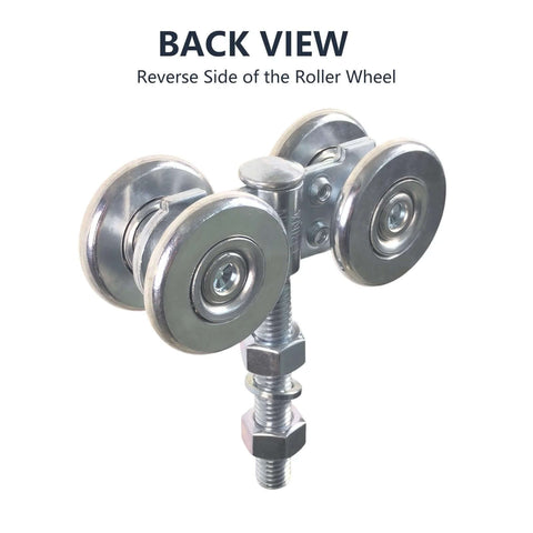 Back view of Two Pack Track Roller Wheels Set For Beam Trolley System With Box Rail Strut Channel For Heavy Barn Or Shed Sliding Doors