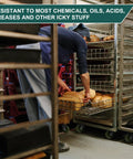 Bakery worker using racks with 4 Inch By 1.5 Inch High Temperature Caster Wheels Set Of 4 For Bakery Ovens, Heavy Duty Swivel Casters